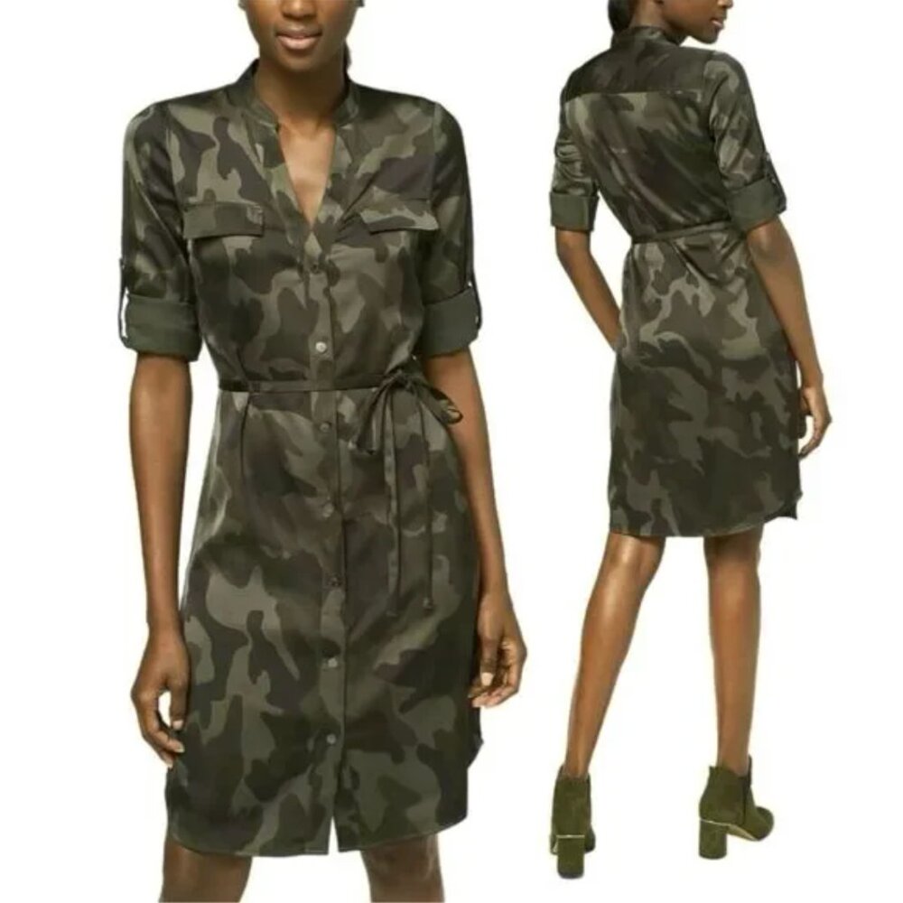 NEW White House Black Market Dark Green Camouflage Satin Shirt Dress
